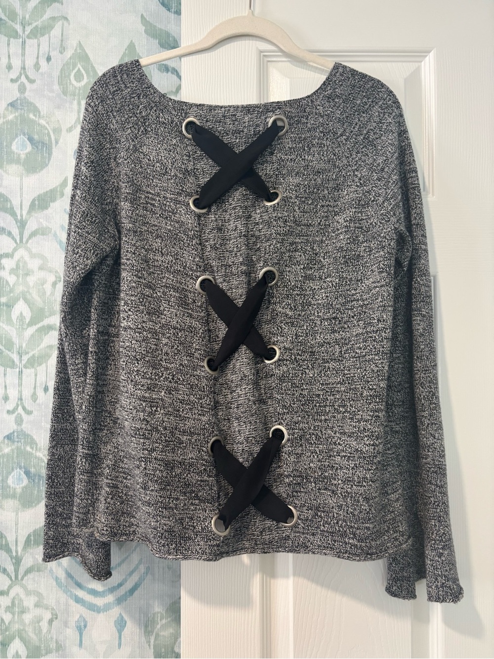 Lisa Todd Grey Knit Crewneck Sweater with Black Lace-Up Straps